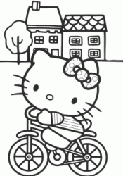 Hello Kitty in bicicletta davanti alle case