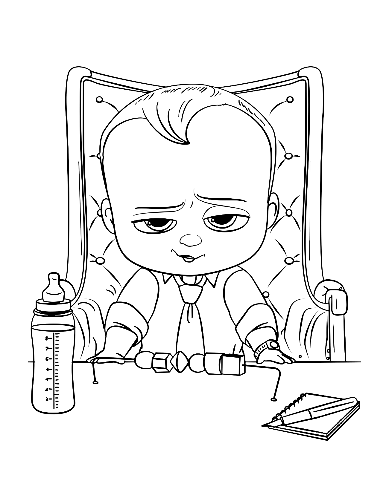 Baby Boss - Baby Boss seduto sulla sua poltrona da capo con il biberon pronto
