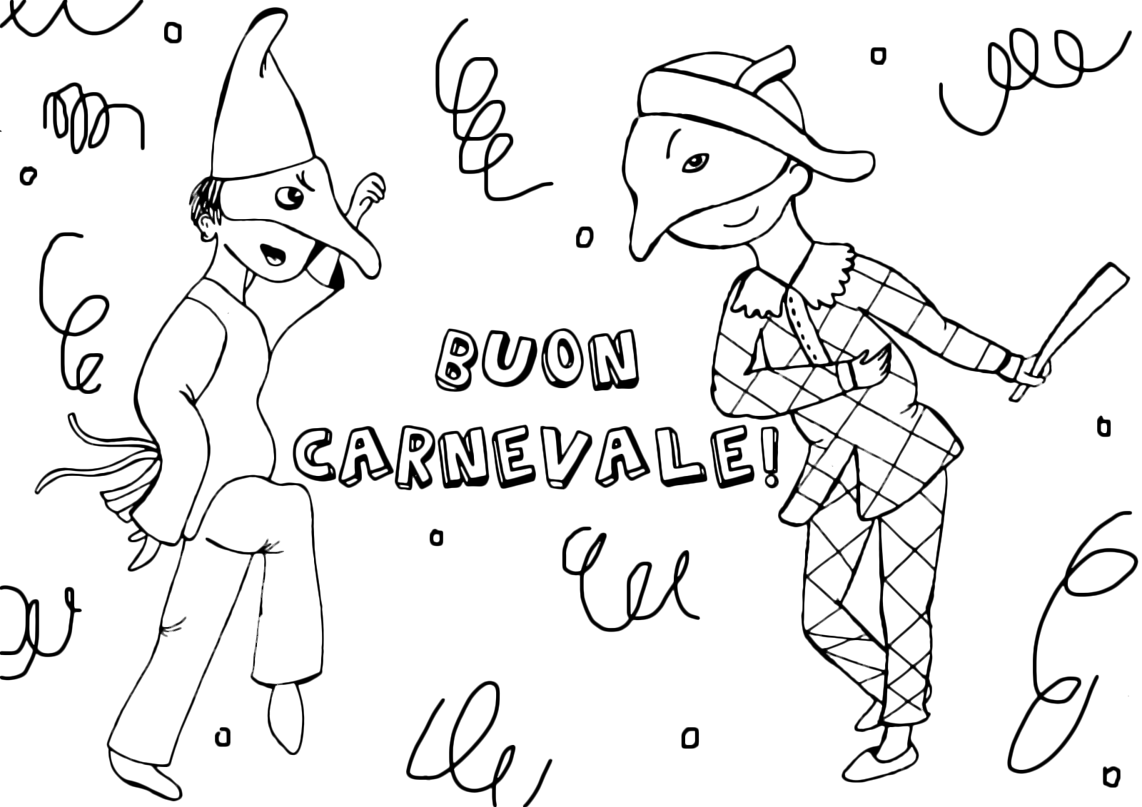 Carnevale - Disegno di Arlecchino e Pulcinella che ballano assieme