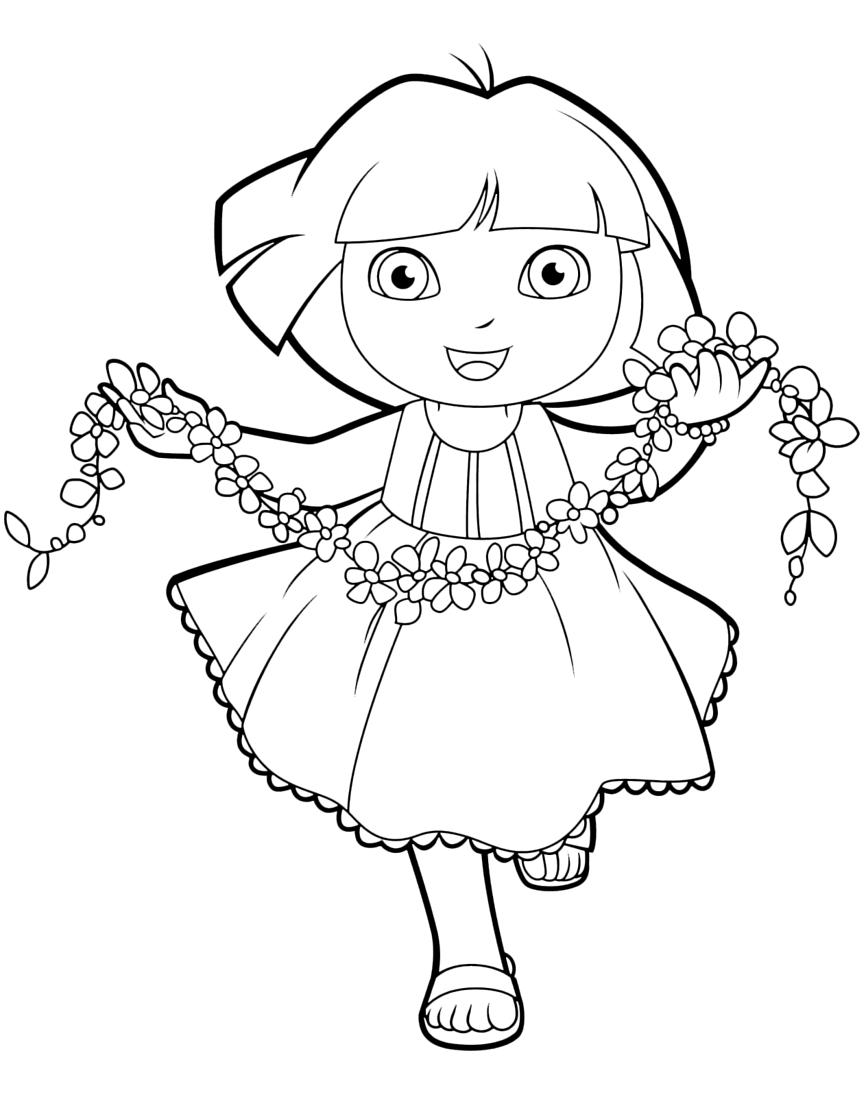 Dora l'esploratrice - Dora corre felice con una ghirlanda di fiori in mano