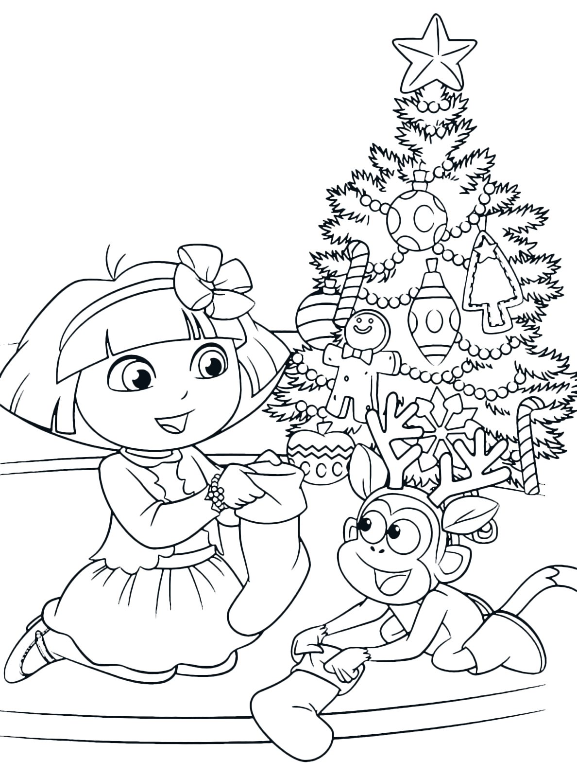 Dora l'esploratrice - Dora e Boots davanti all'albero di Natale guardano le calze