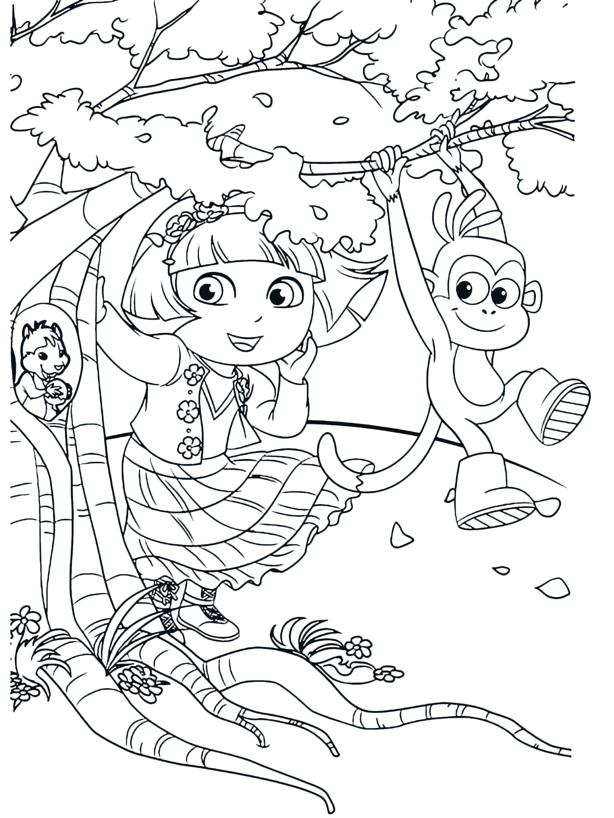 Dora l'esploratrice - Dora e Boots guardano lo scoiattolo Tyco dentro il tronco di un albero