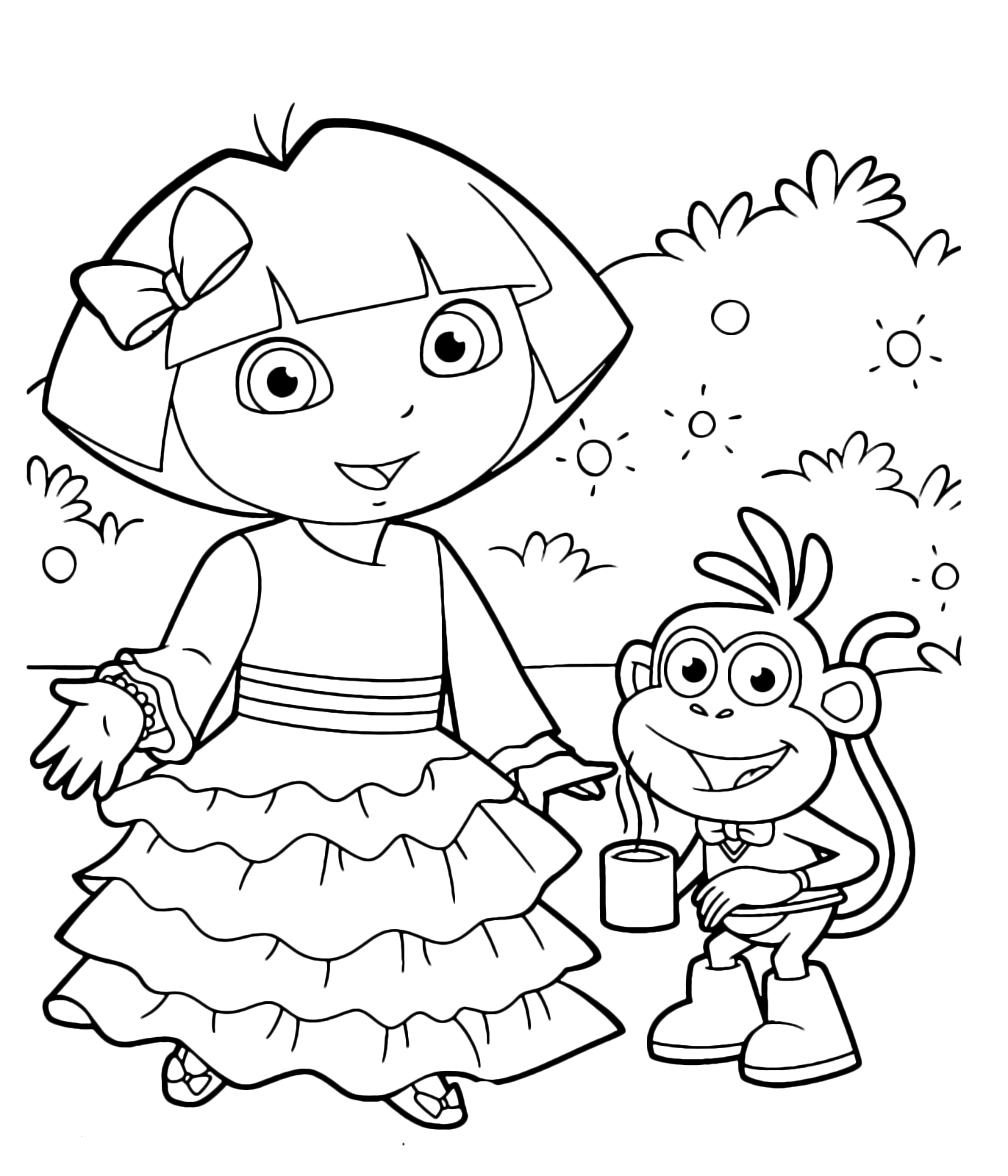 Dora l'esploratrice - Dora indossa un bellissimo abito lungo mentre Boots tiene una tazza