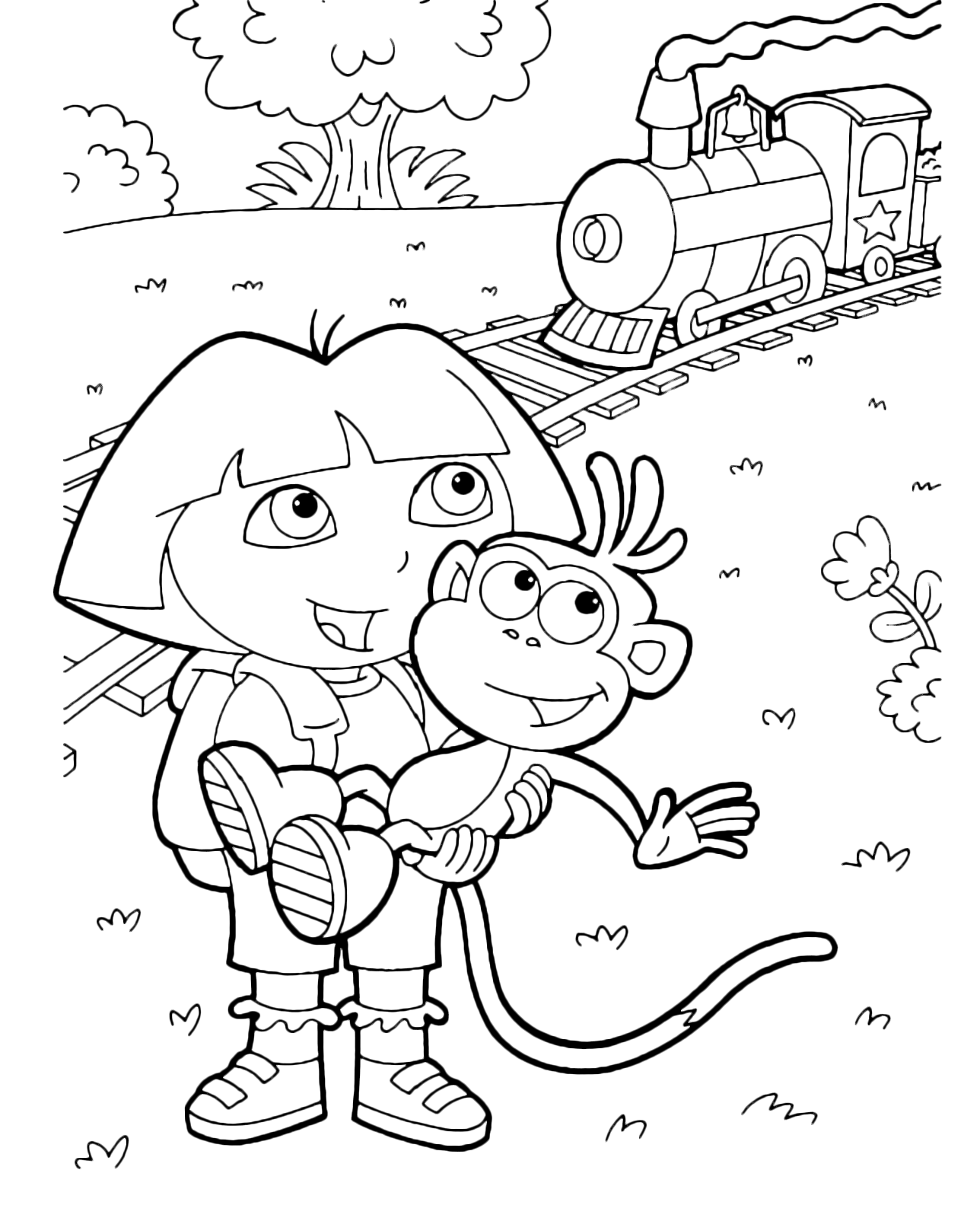 Dora l'esploratrice - Dora tiene in braccio Boots mentre passa il treno