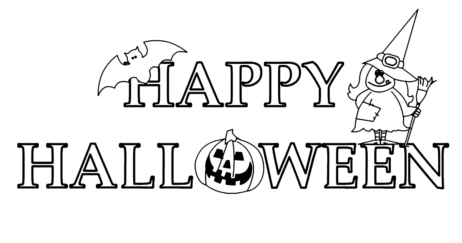 Halloween - Scritta di Happy Halloween con una strega ed un pipistrello