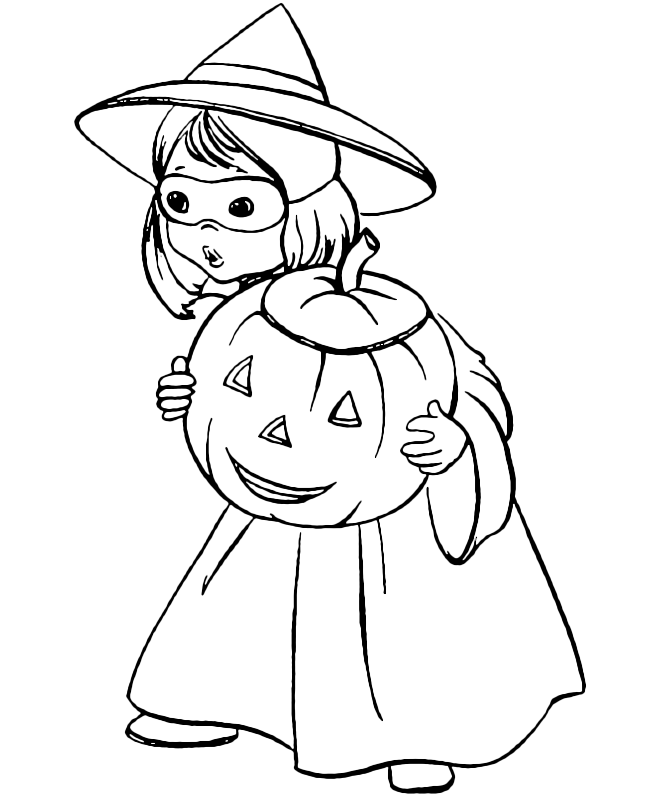 Halloween - Una bambina vestita da strega con una zucca in mano