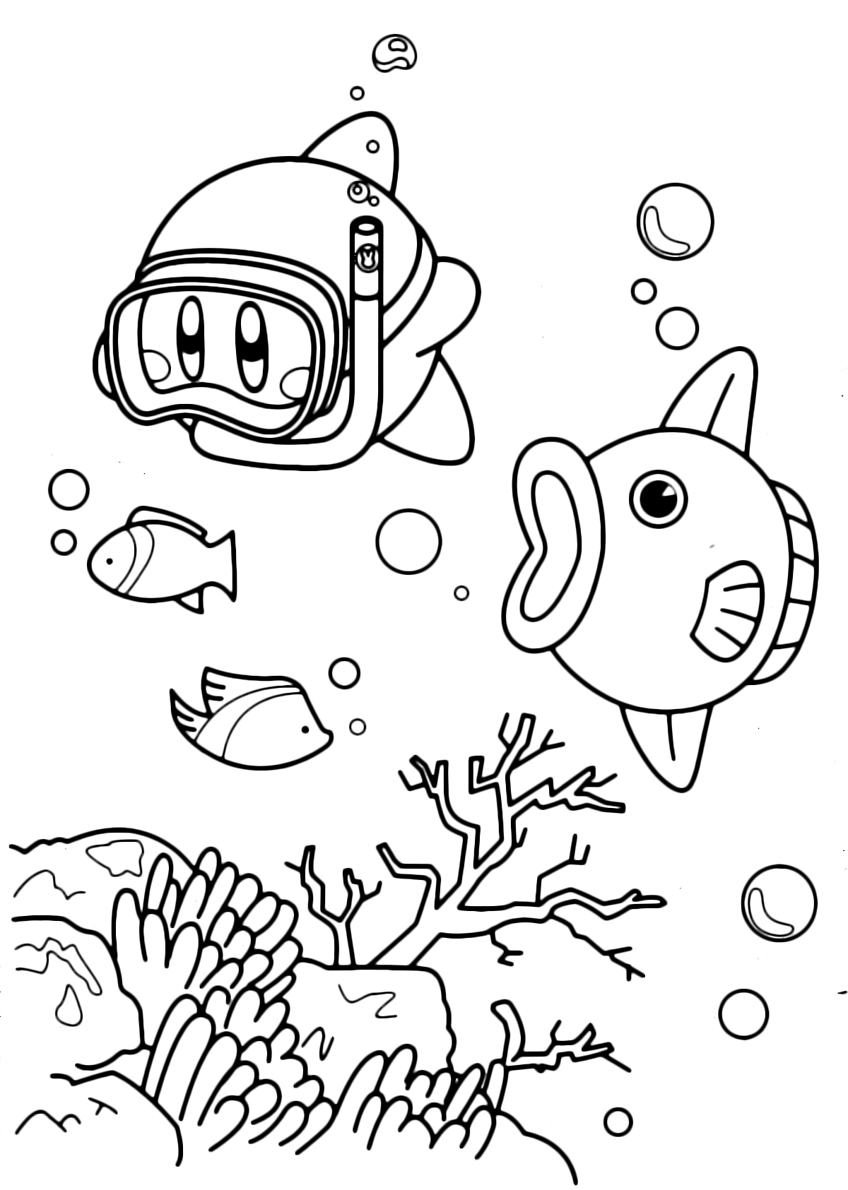 Kirby - Kirby nuota con la maschera ed il boccaglio