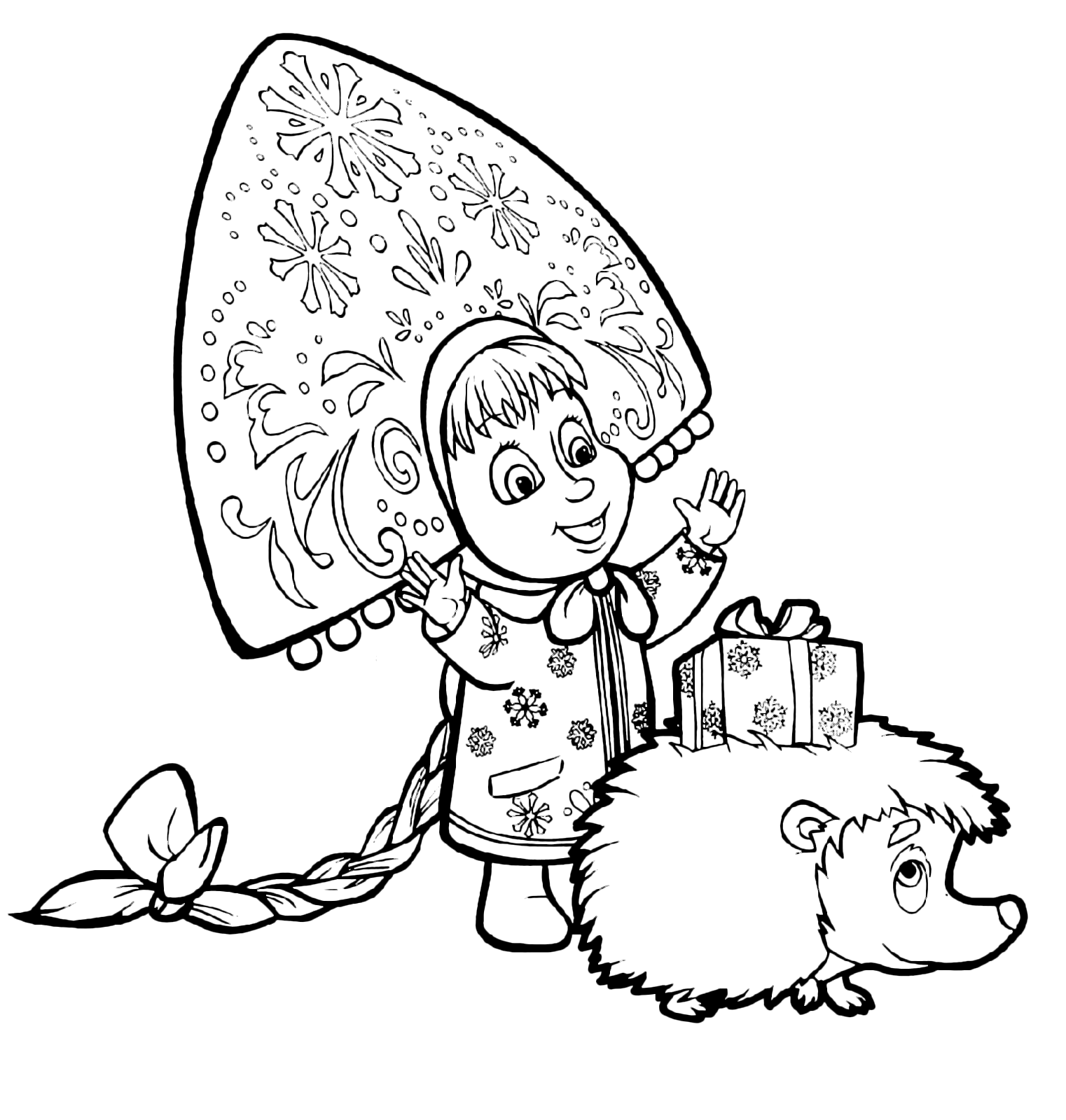 Masha e Orso - Masha con un cappello russo guarda il regalo sulla schiena del riccio