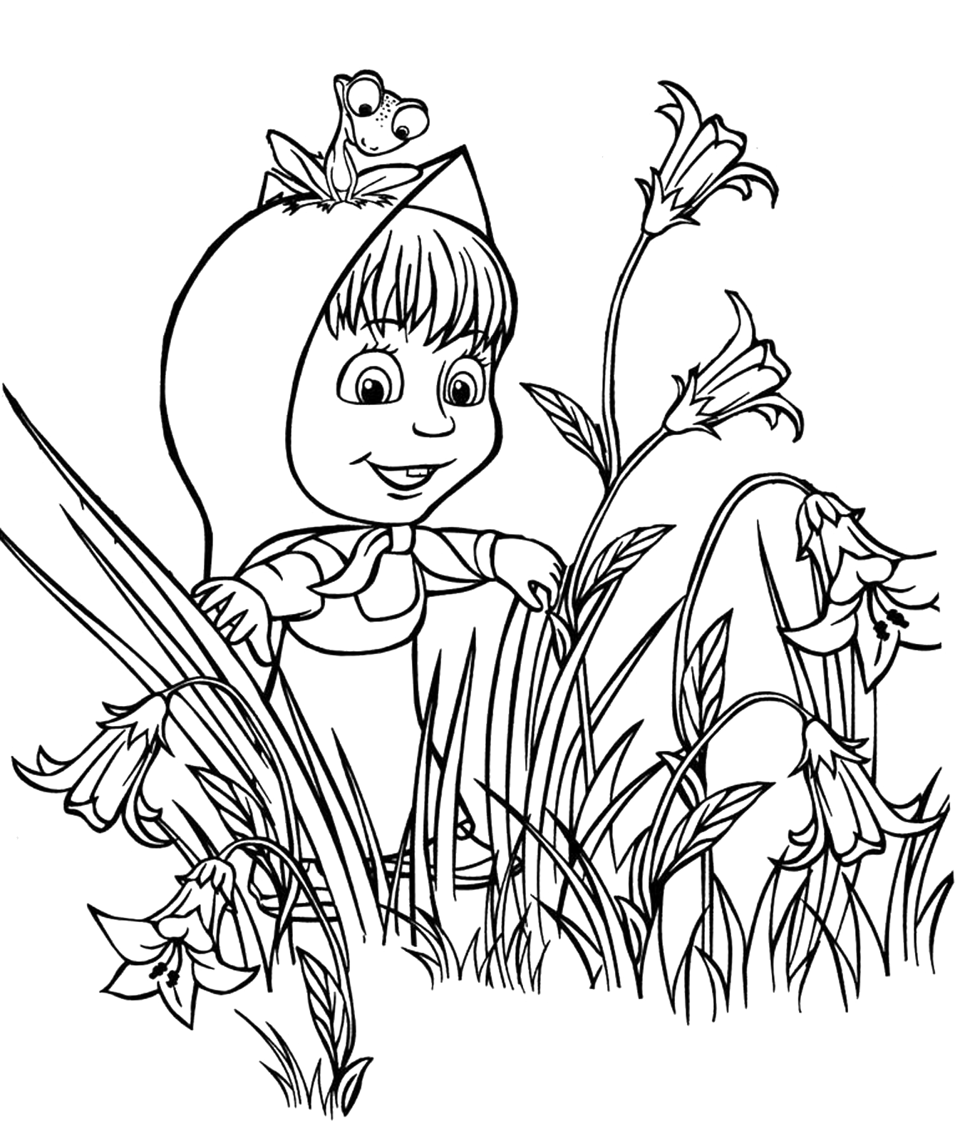Masha e Orso - Masha in mezzo ai fiori con una rana sulla testa