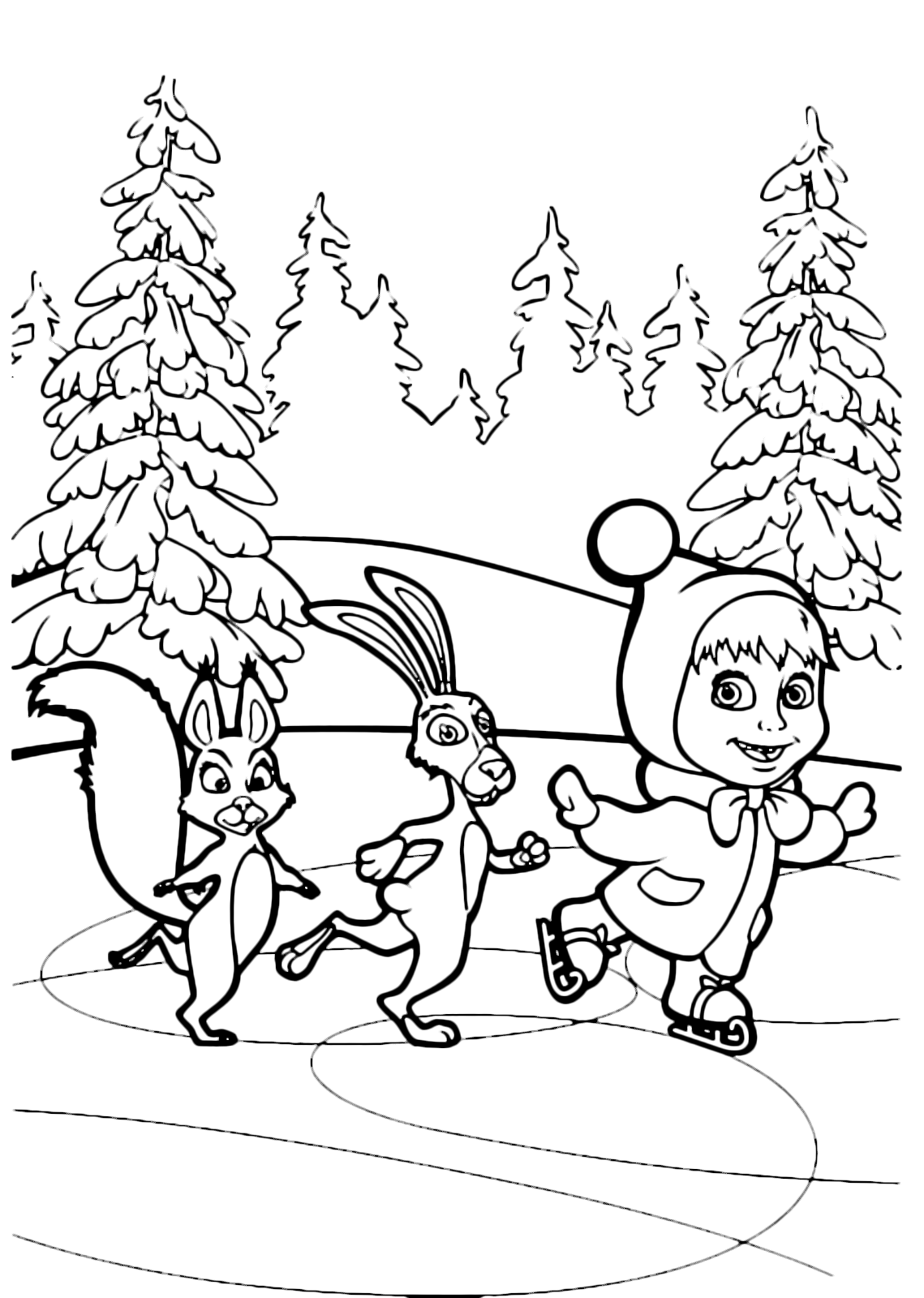 Masha e Orso - Masha pattina sul ghiaccio con coniglio e scoiattolo