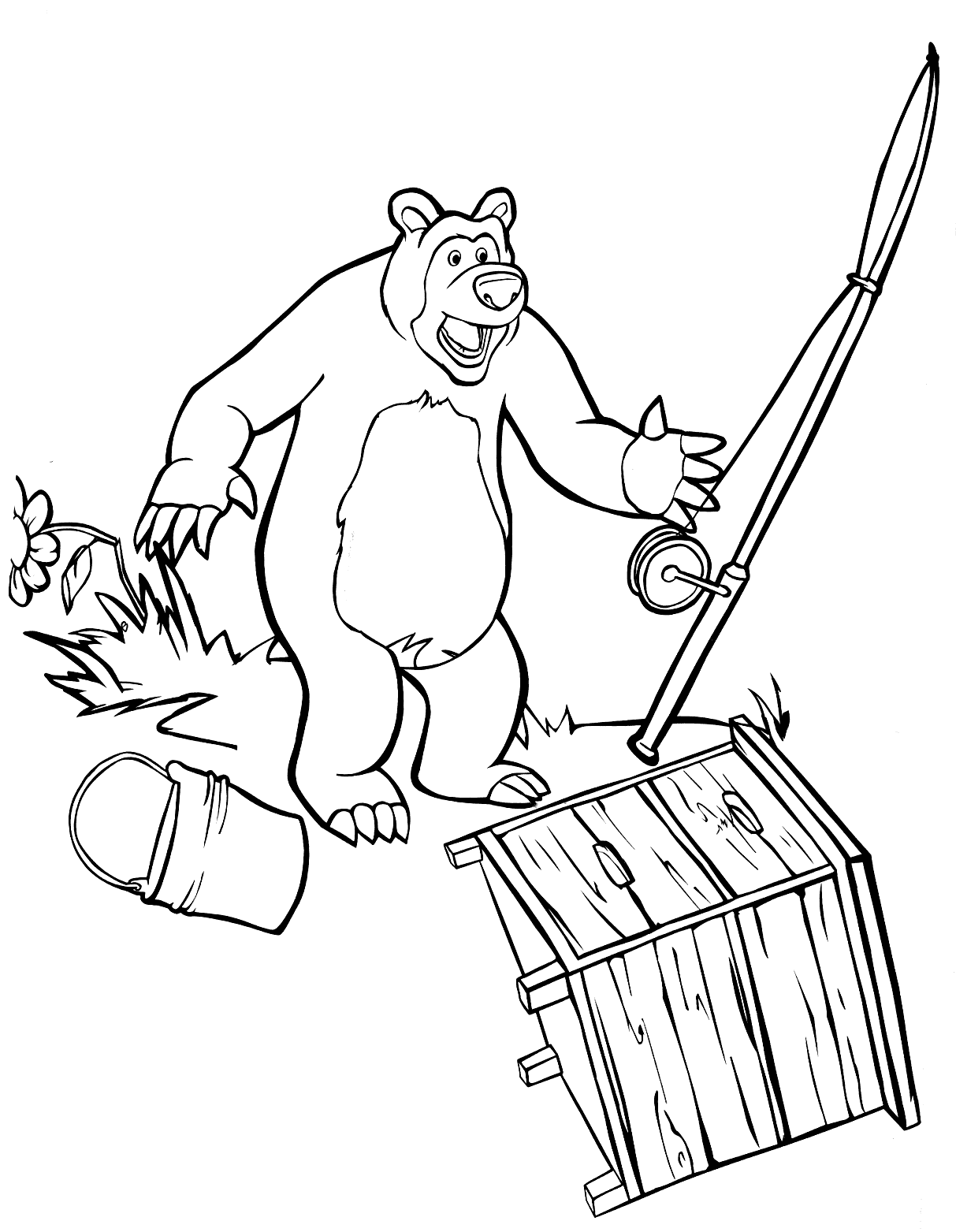 Masha e Orso - Orso allarmato lancia la canna da pesca ed il secchio dei pesci