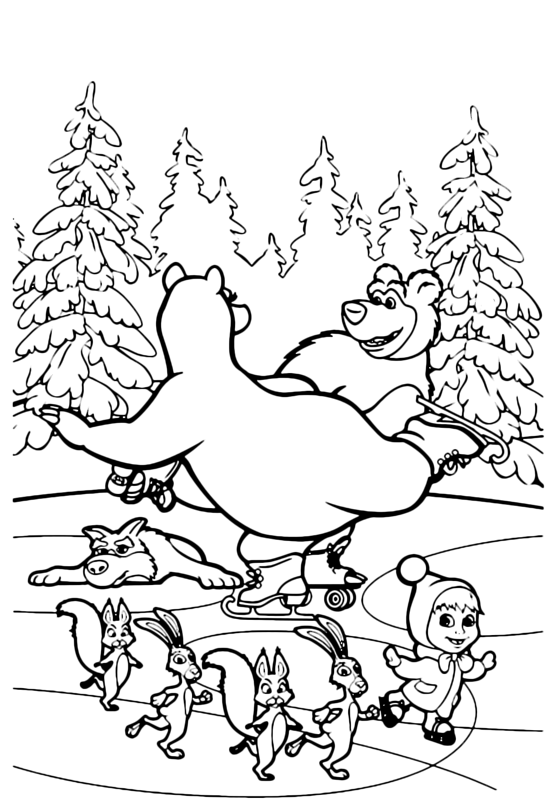 Masha e Orso - Orso balla felice sul ghiaccio assieme ad Orsa e tutti i sui amici