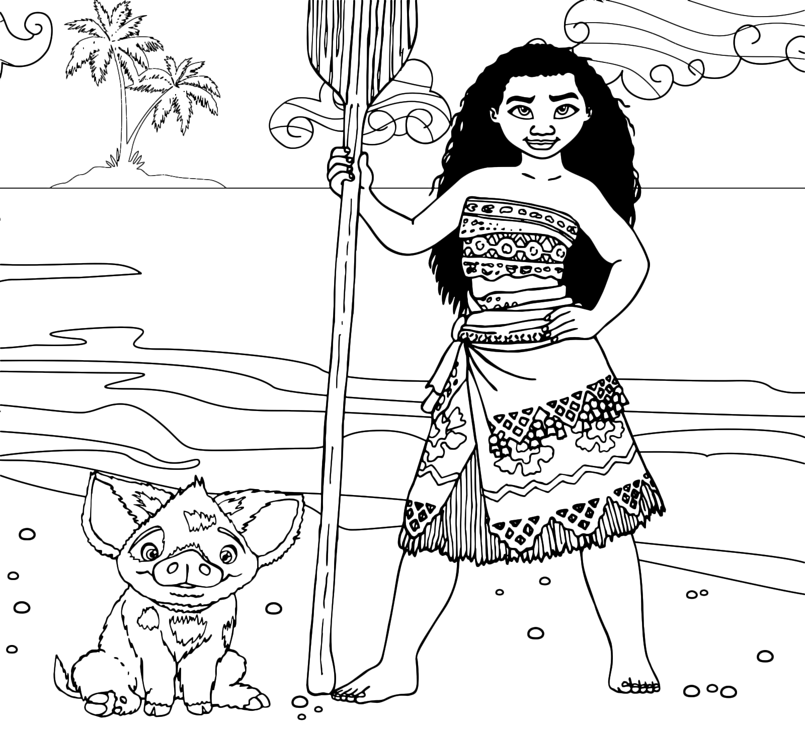 Oceania - La principessa Vaiana sulla spiaggia con il maialino Pua