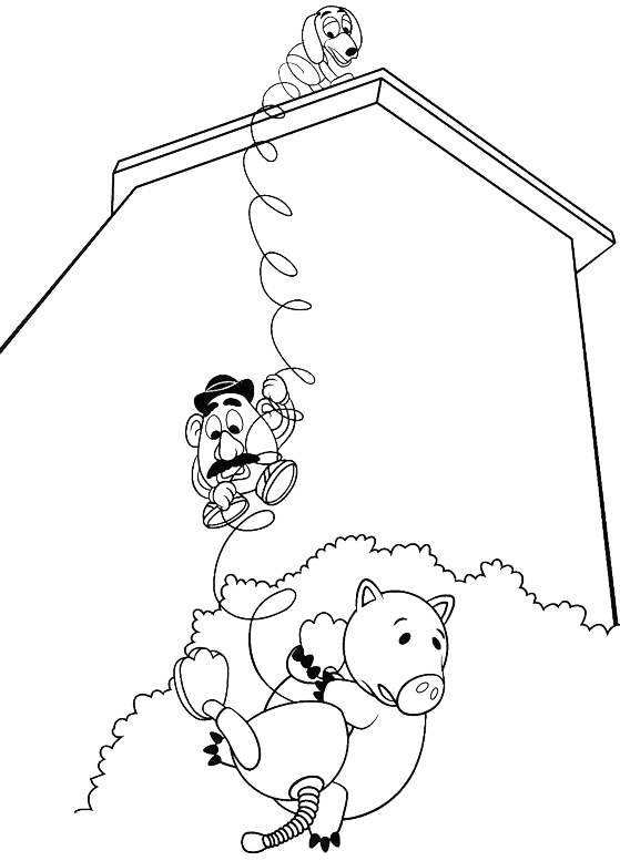 Toy Story - Slinky Mr Potato e Hamm giu dal tetto