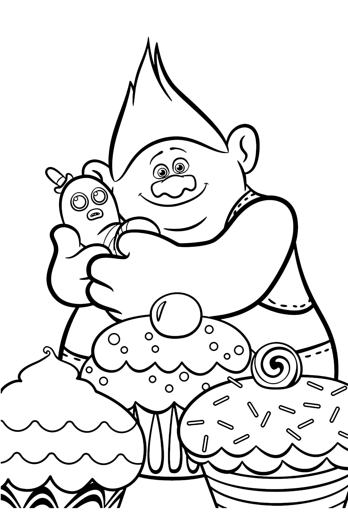 Trolls - Il Troll Grandino e Mr Dinkles felici davanti a tanti dolci