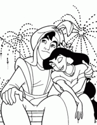 Aladdin abbraccia Jasmine mentre guarda i fuochi di artificio