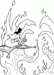 Aladdin e Abu volano sul tappeto magico in mezzo alle fiamme