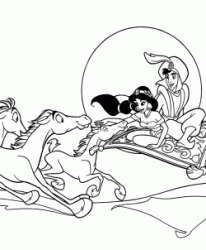 Jasmine e Aladdin sono seguiti dai cavalli mentre volano sul tappeto