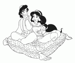 Jasmine fa una carezza a Aladdin sul tappeto volante