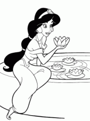 Jasmine sul bordo della vasca con una ninfea in mano