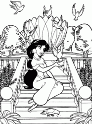 La principessa Jasmine da il cibo alle colombe