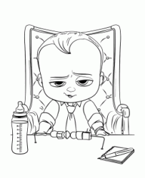 Baby Boss seduto sulla sua poltrona da capo con il biberon pronto