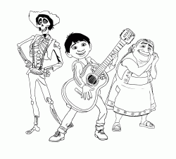 Miguel suona la chitarra mentre Abuelita ed Hector lo guardano