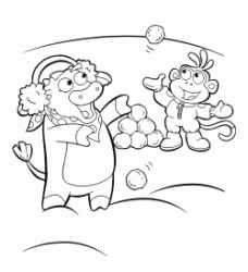 Boots la scimmietta e Benny il toro giocano con le palle di neve