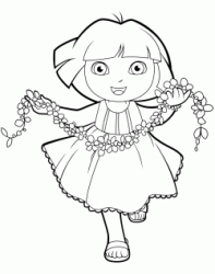Dora corre felice con una ghirlanda di fiori in mano