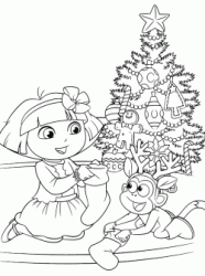 Dora e Boots davanti all'albero di Natale guardano le calze