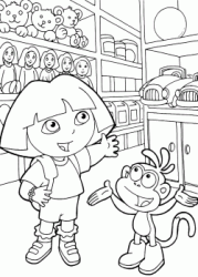 Dora e Boots felici dentro un negozio di giocattoli