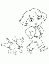 Un canino segue felice Dora