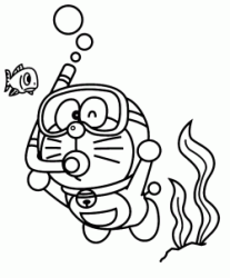 Doraemon in fondo al mare con il boccaglio e la maschera