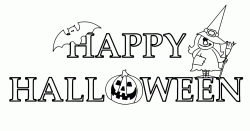 Scritta di Happy Halloween con una strega ed un pipistrello
