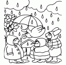 La Pimpa e i suoi amici con l'ombrello sotto la pioggia