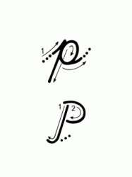 Lettera P con indicazioni movimento corsivo maiuscolo e minuscolo
