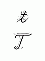 Lettera T con indicazioni movimento corsivo maiuscolo e minuscolo