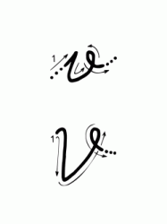 Lettera V con indicazioni movimento corsivo maiuscolo e minuscolo