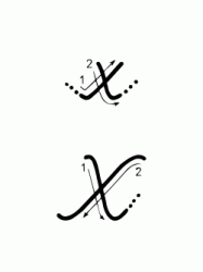 Lettera X con indicazioni movimento corsivo maiuscolo e minuscolo