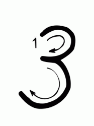 Numero 3 (tre) con indicazioni movimento corsivo