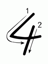 Numero 4 (quattro) con indicazioni movimento corsivo