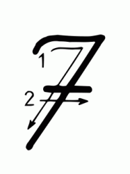 Numero 7 (sette) con indicazioni movimento corsivo