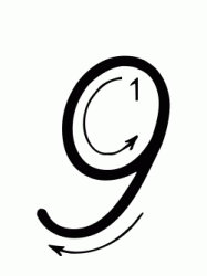Numero 9 (nove) con indicazioni movimento corsivo