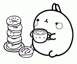 Molang beve il caffè e mangia le ciambelle