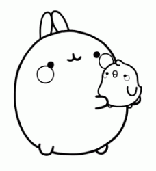 Molang tiene in braccio il suo amico Piu Piu