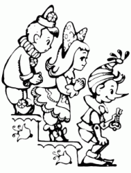 Pinocchio scende le scale davanti a due bambini
