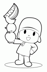 Pocoyo con i mano una pila di frutta