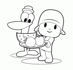 Pocoyo e Pato tengono un vassoio con dentro della frutta