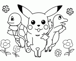 Pikachu salta assieme a Charmander e Squirtle