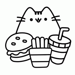 Pusheen Cat si mangia un panino con patatine e una bibita
